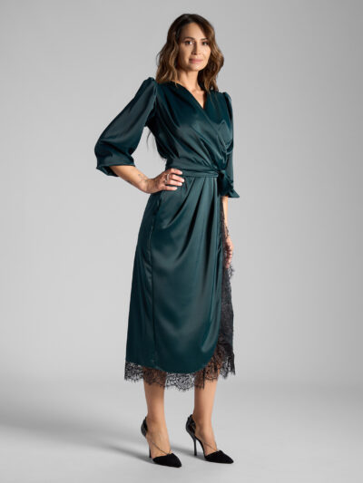 Rochie Midi Petrecută Din Material Satinat Și Fluid Verde