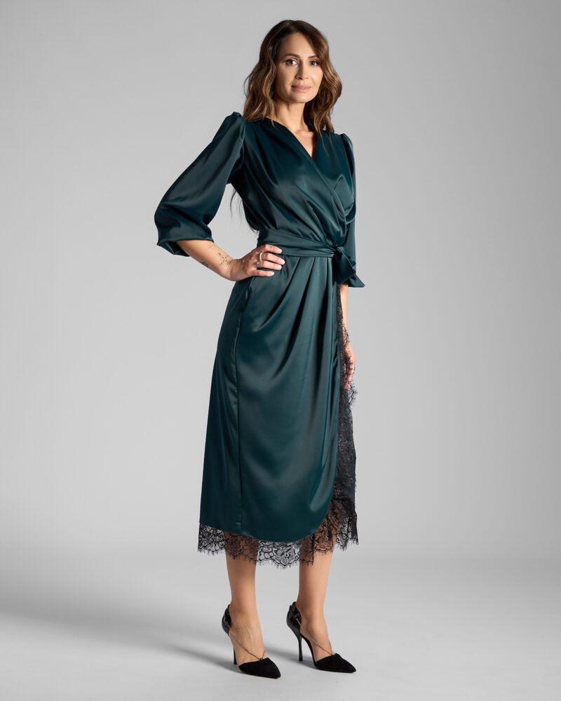 Rochie Midi Petrecută Din Material Satinat Și Fluid Verde