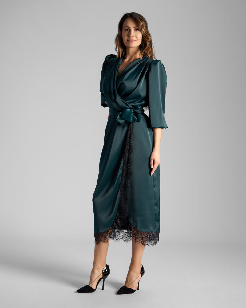 Rochie Midi Petrecută Din Material Satinat Și Fluid Verde - imagine 2