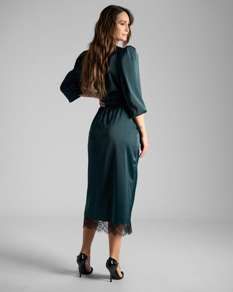 Rochie Midi Petrecută Din Material Satinat Și Fluid Verde - imagine 3