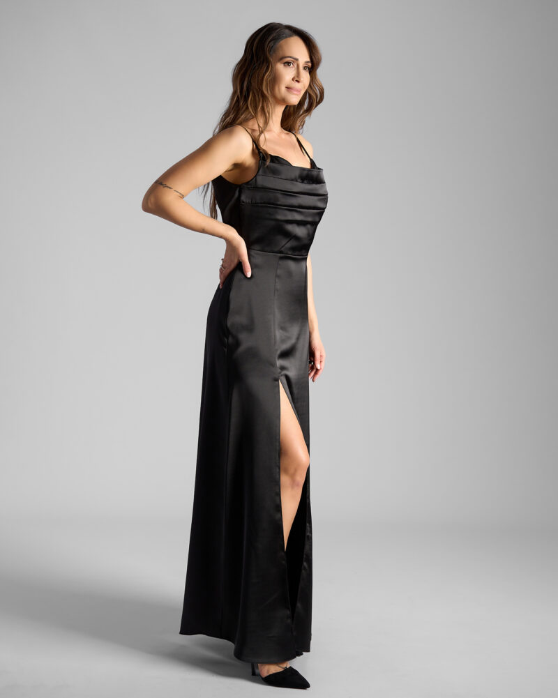Rochie Lungă Din Satén Fluid Cu Bretele Și Slit Lateral Față Negru - imagine 2