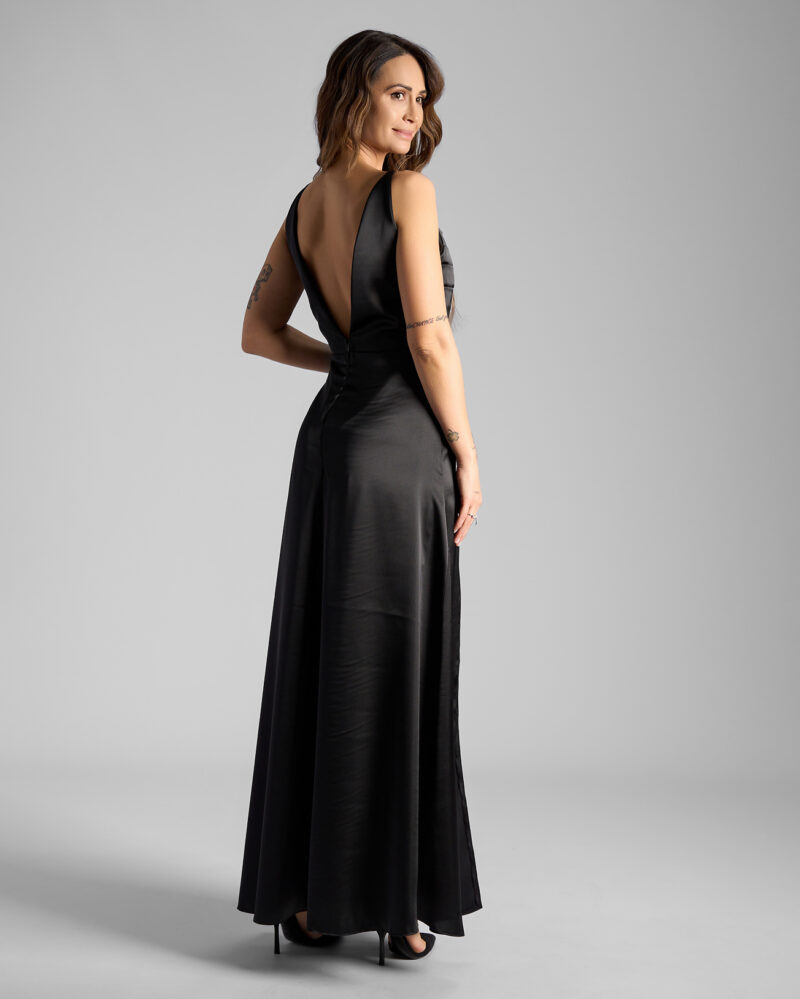 Rochie Lungă Din Satén Fluid Cu Bretele Și Slit Lateral Față Negru - imagine 3