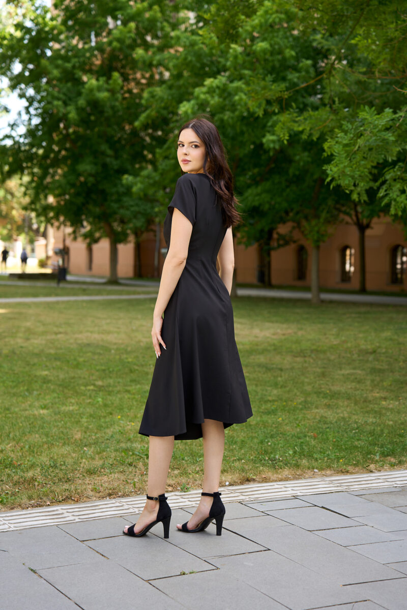 Rochie midi Ava cu croi în A din stofă elastică neagră - imagine 2