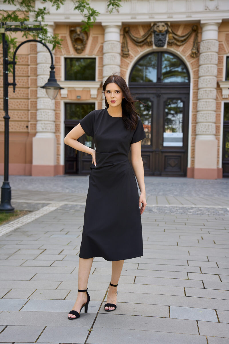 Rochie midi Ava cu croi în A din stofă elastică neagră - imagine 4
