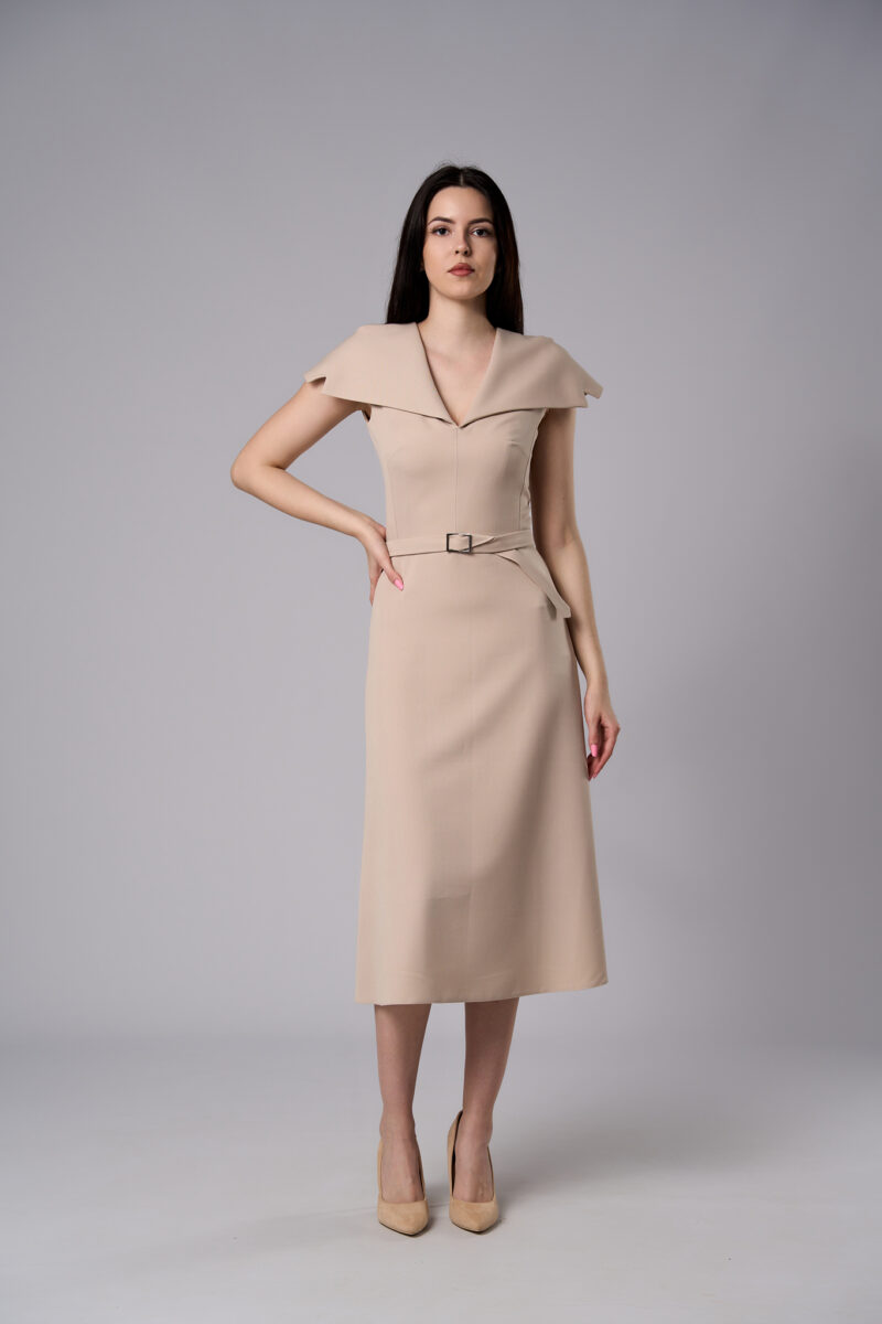 Rochie midi Amelie cu fustă semicloș bej