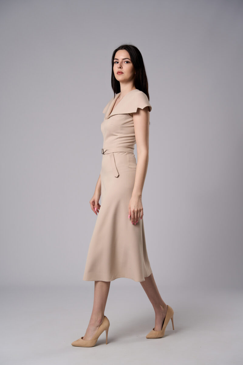 Rochie midi Amelie cu fustă semicloș bej - imagine 2