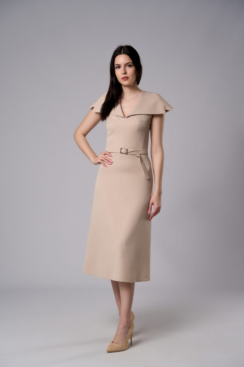 Rochie midi Amelie cu fustă semicloș bej - imagine 4