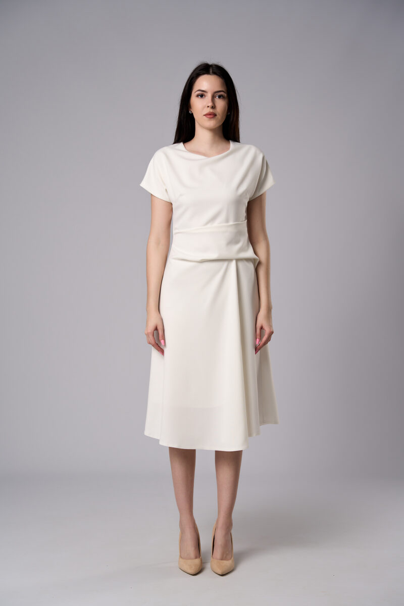 Rochie midi Ava cu croi în A din stofă elastică albă - imagine 4