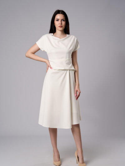 Rochie midi Ava cu croi în A din stofă elastică albă
