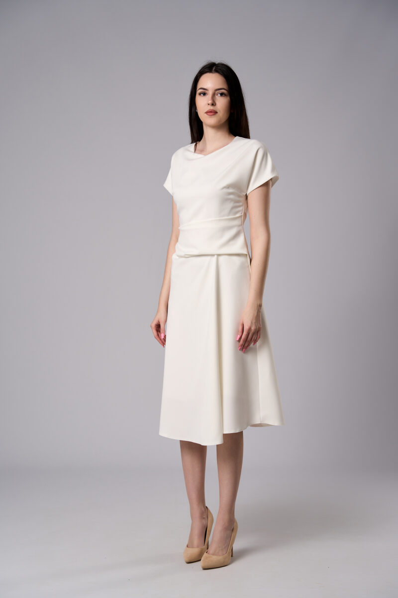 Rochie midi Ava cu croi în A din stofă elastică albă - imagine 2