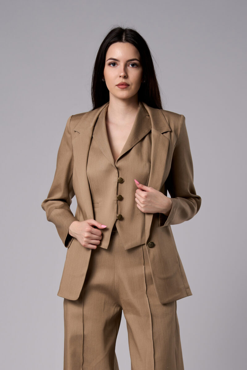 Sacou Alma lung din denim cu croi ușor cambrat mocha mousse - imagine 3