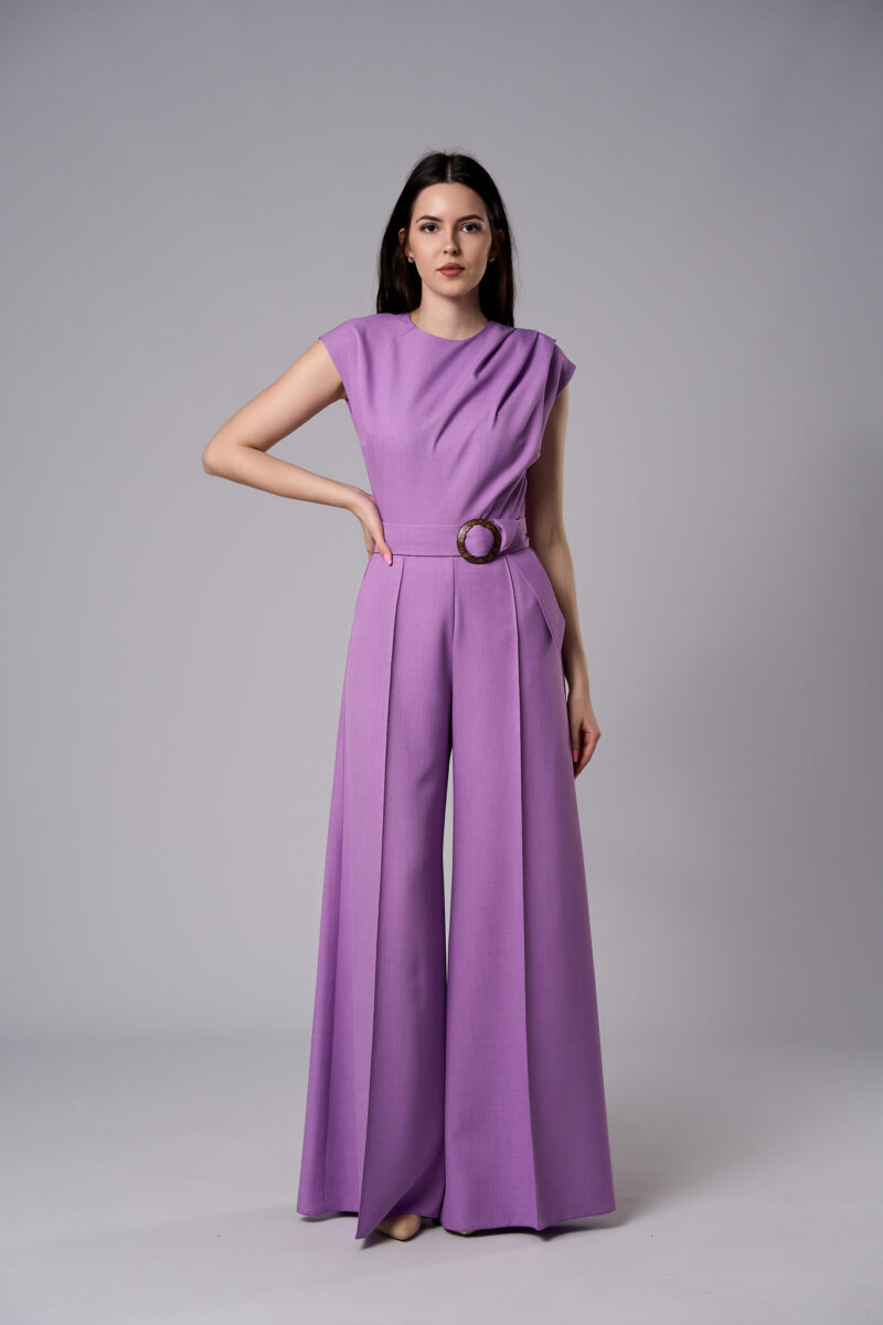 Salopetă Atena elegantă din stofă cu pantaloni evazați mov - imagine 2