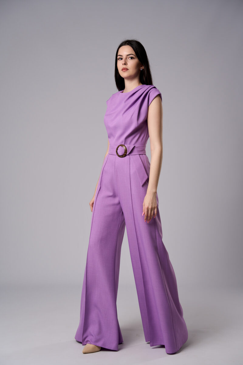 Salopetă Atena elegantă din stofă cu pantaloni evazați mov - imagine 3