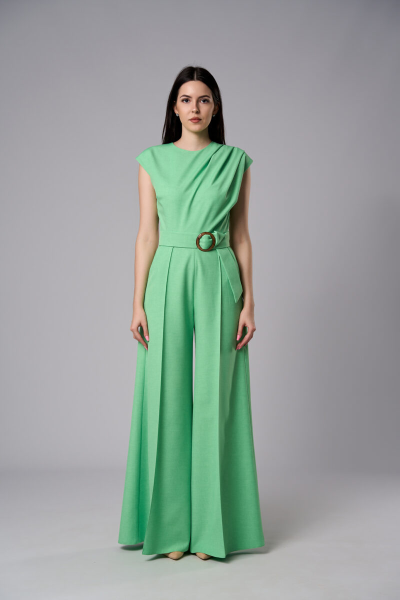 Salopetă Atena elegantă din stofă cu pantaloni evazați verde - imagine 2