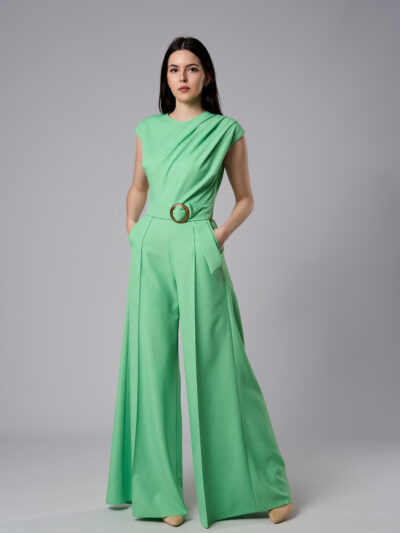 Salopetă Atena elegantă din stofă cu pantaloni evazați verde
