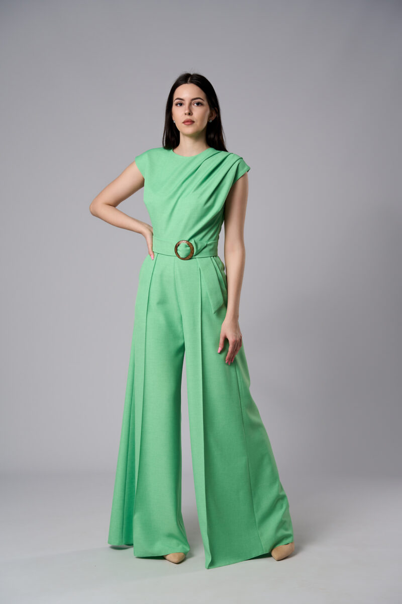 Salopetă Atena elegantă din stofă cu pantaloni evazați verde - imagine 3