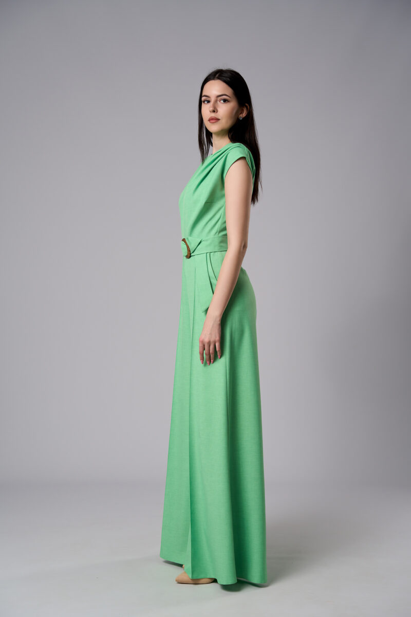 Salopetă Atena elegantă din stofă cu pantaloni evazați verde - imagine 4