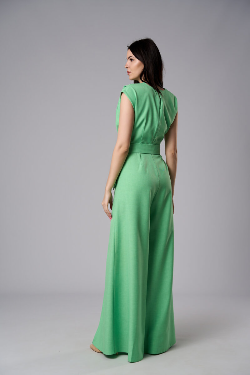 Salopetă Atena elegantă din stofă cu pantaloni evazați verde - imagine 5