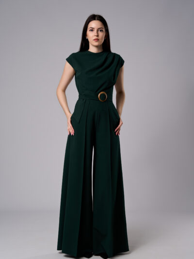 Salopetă Atena elegantă din stofă cu pantaloni evazați verde închis