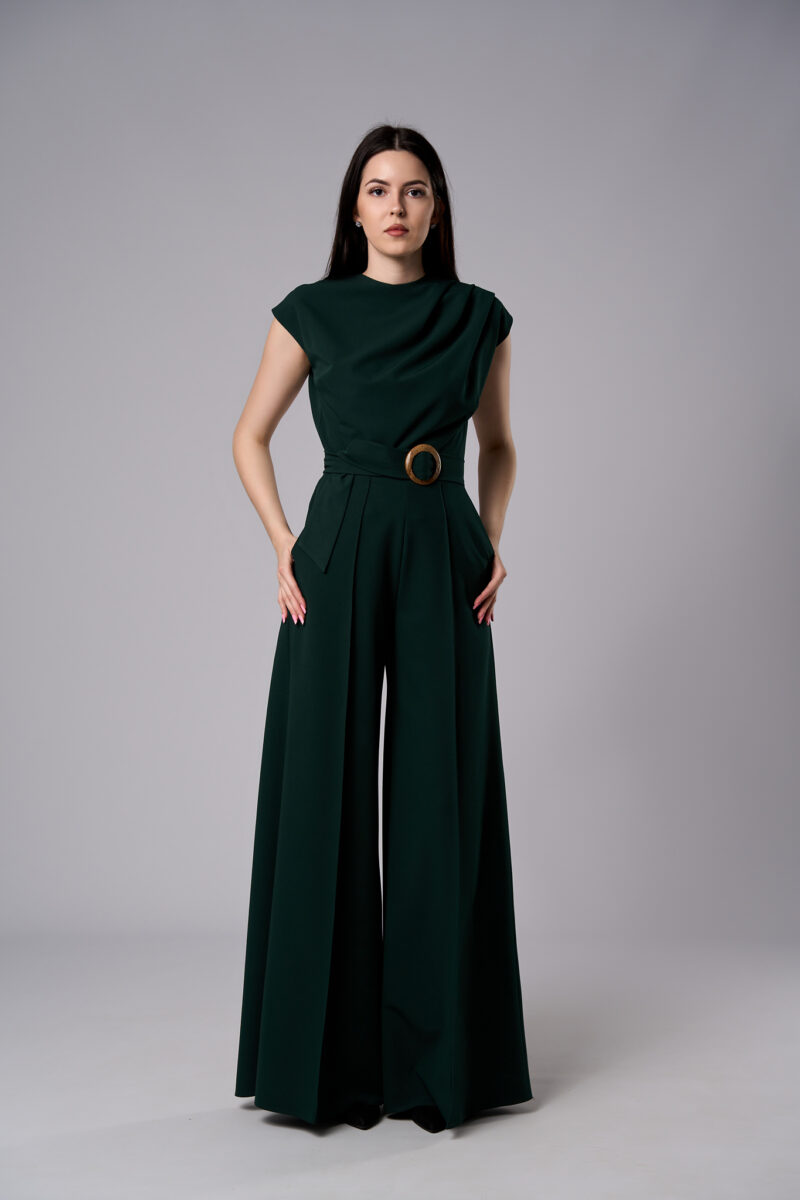 Salopetă Atena elegantă din stofă cu pantaloni evazați verde închis