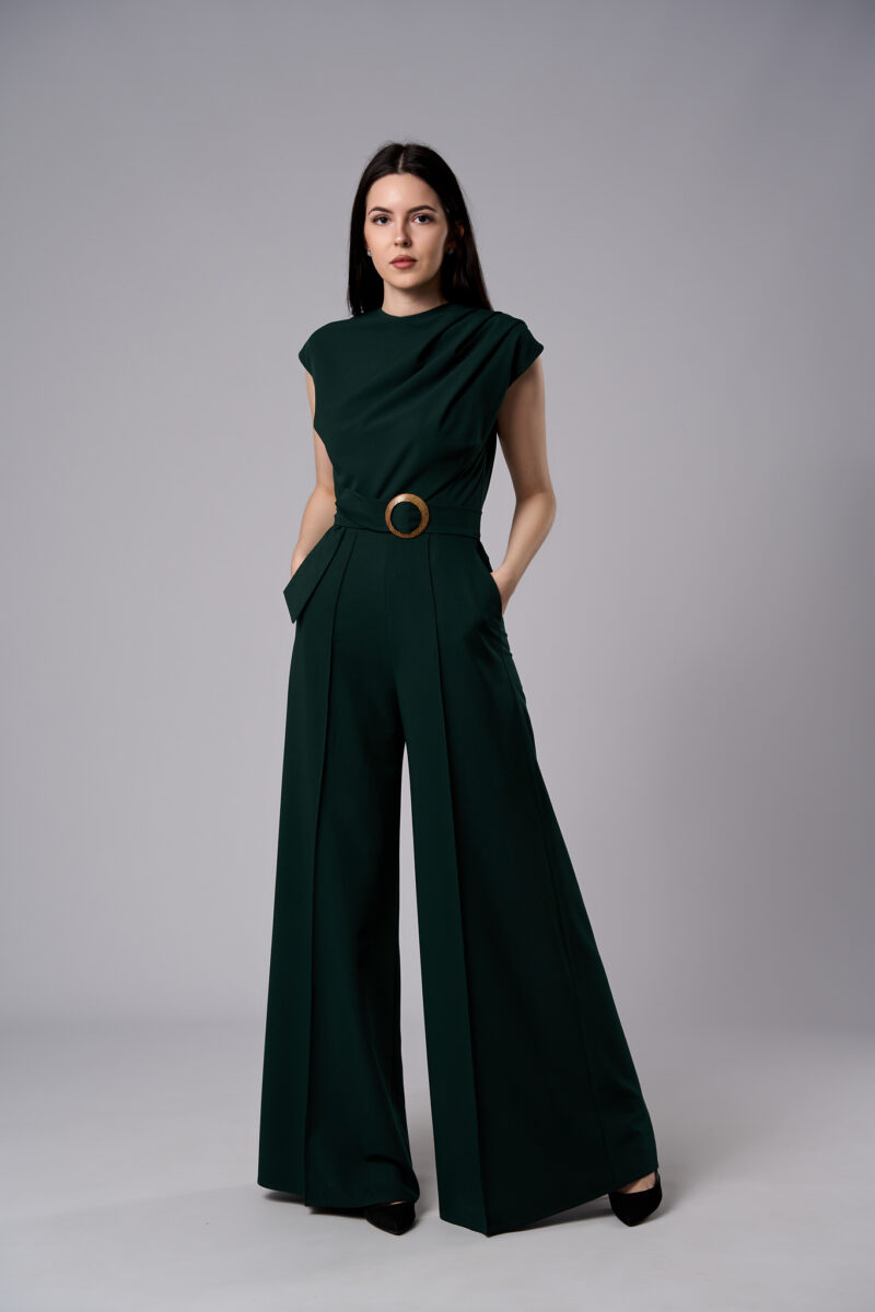 Salopetă Atena elegantă din stofă cu pantaloni evazați verde închis - imagine 2