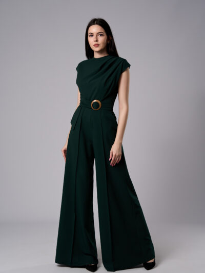 Salopetă elegantă din stofă cu pantaloni evazați verde închis Atena