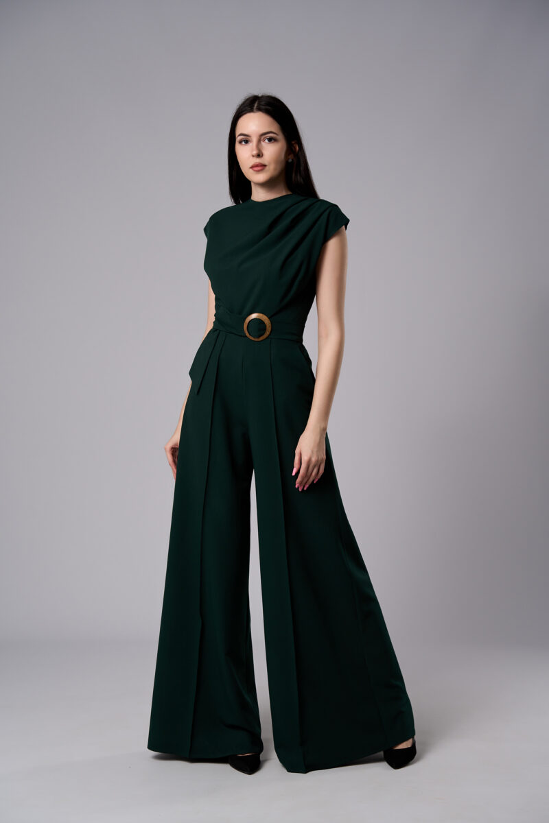 Salopetă Atena elegantă din stofă cu pantaloni evazați verde închis - imagine 5