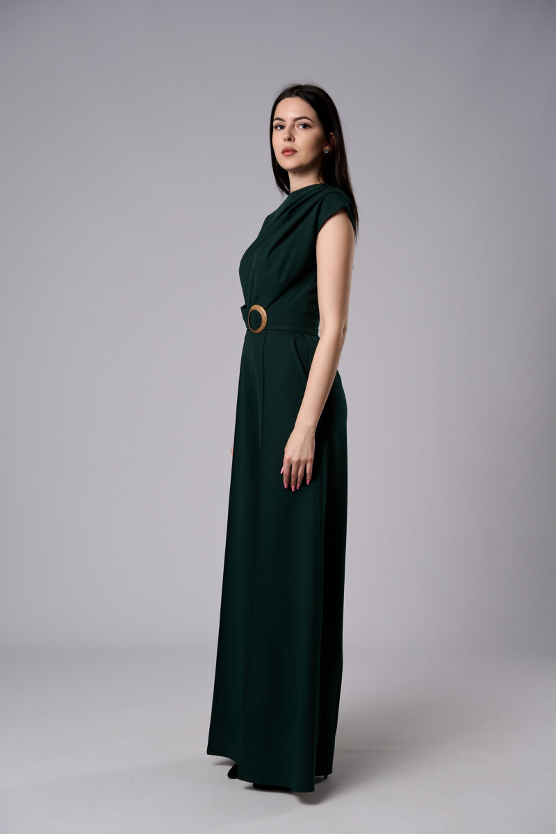Salopetă Atena elegantă din stofă cu pantaloni evazați verde închis - imagine 3