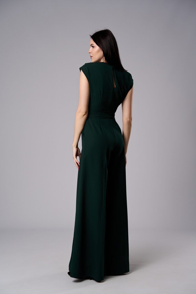 Salopetă Atena elegantă din stofă cu pantaloni evazați verde închis - imagine 4