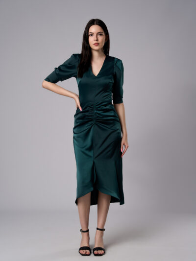 Rochie midi Serena din satin cu croi cambrat verde închis