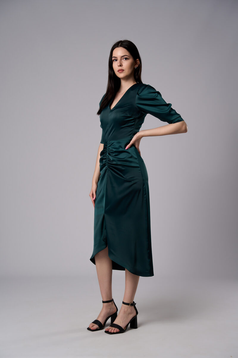 Rochie midi Serena din satin cu croi cambrat verde închis - imagine 2
