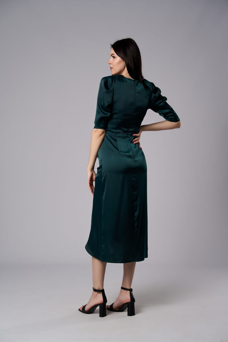 Rochie midi Serena din satin cu croi cambrat verde închis - imagine 3