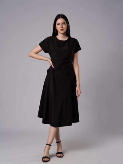 Rochie midi Ava cu croi în A din stofă elastică neagră