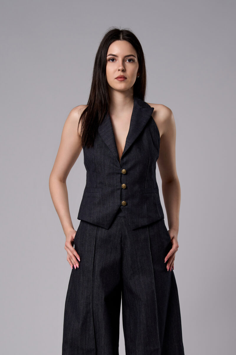 Vestă Alma scurtă din denim cu croi cambrat bleumarin - imagine 2