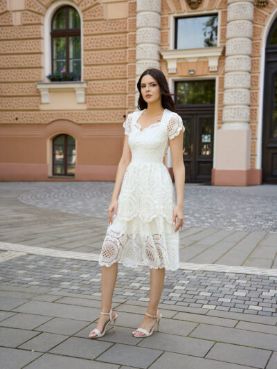 Rochie midi din dantelă albă Evelin