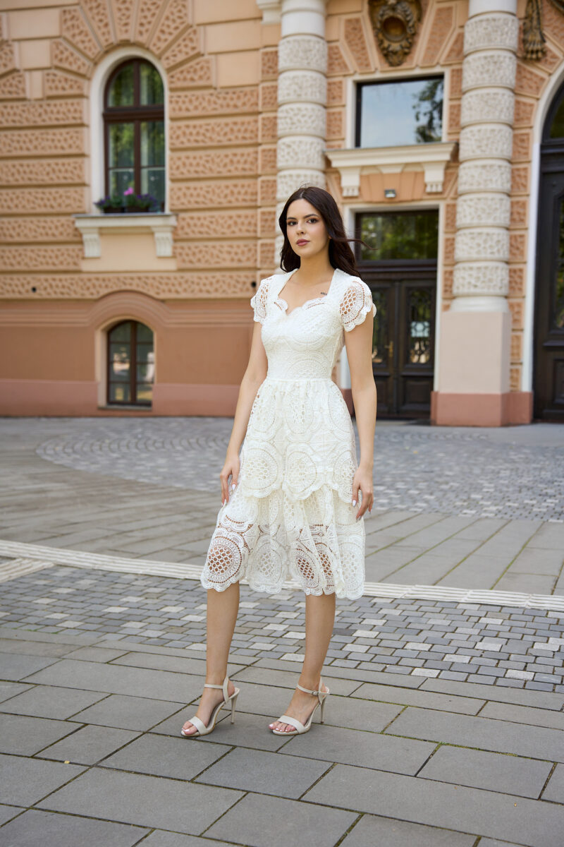 Rochie midi din dantelă albă Evelin