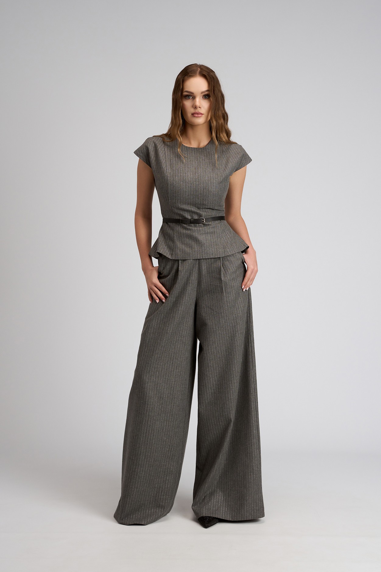 Pantaloni damă cu croi larg din stofă gri cu lână Aida - imagine 2