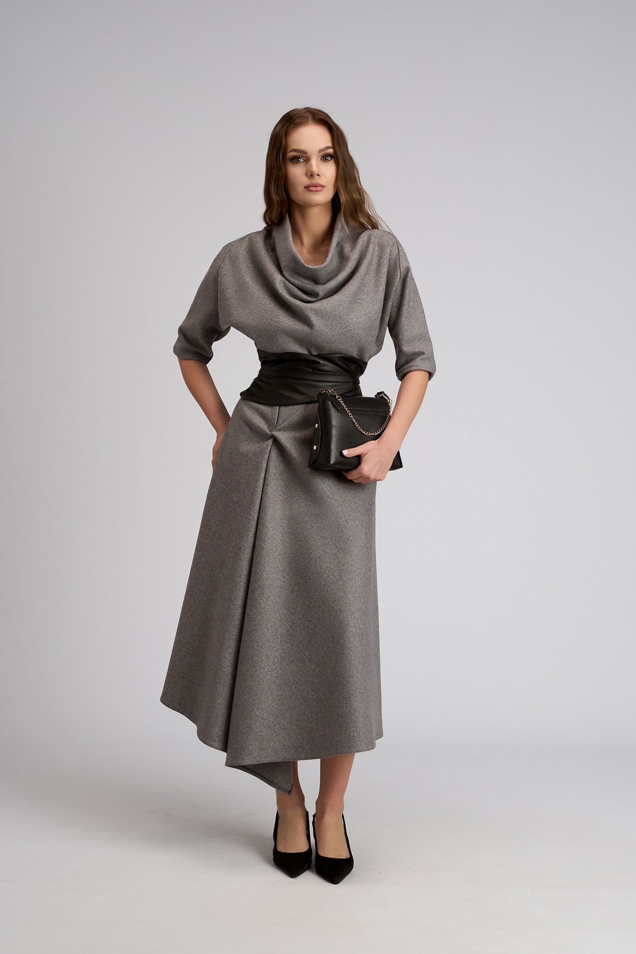 Rochie gri eleganta din lână cu brâu din piele ecologica Cyndia