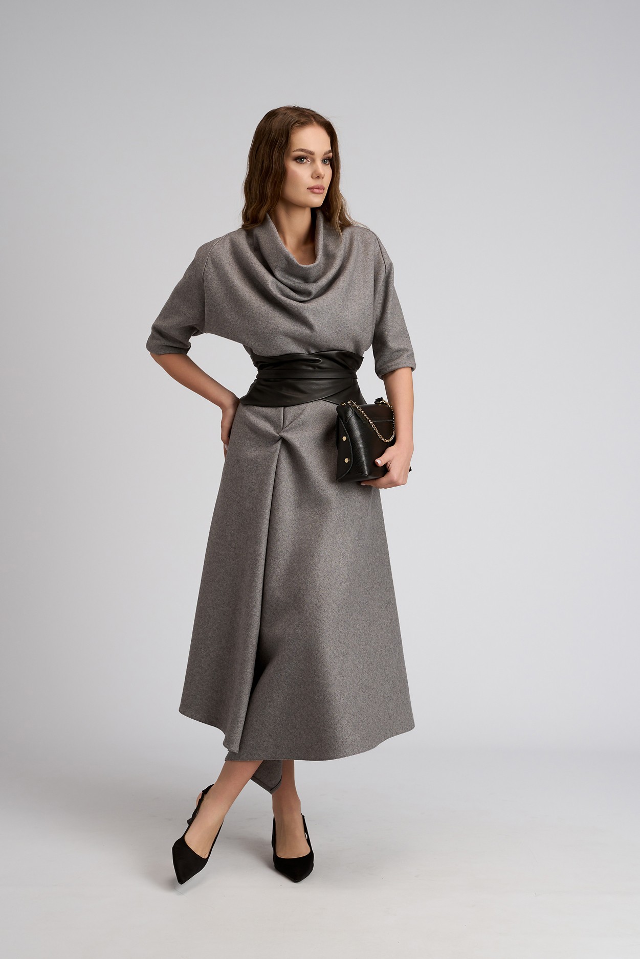 Rochie gri eleganta din lână cu brâu din piele ecologica Cyndia - imagine 2