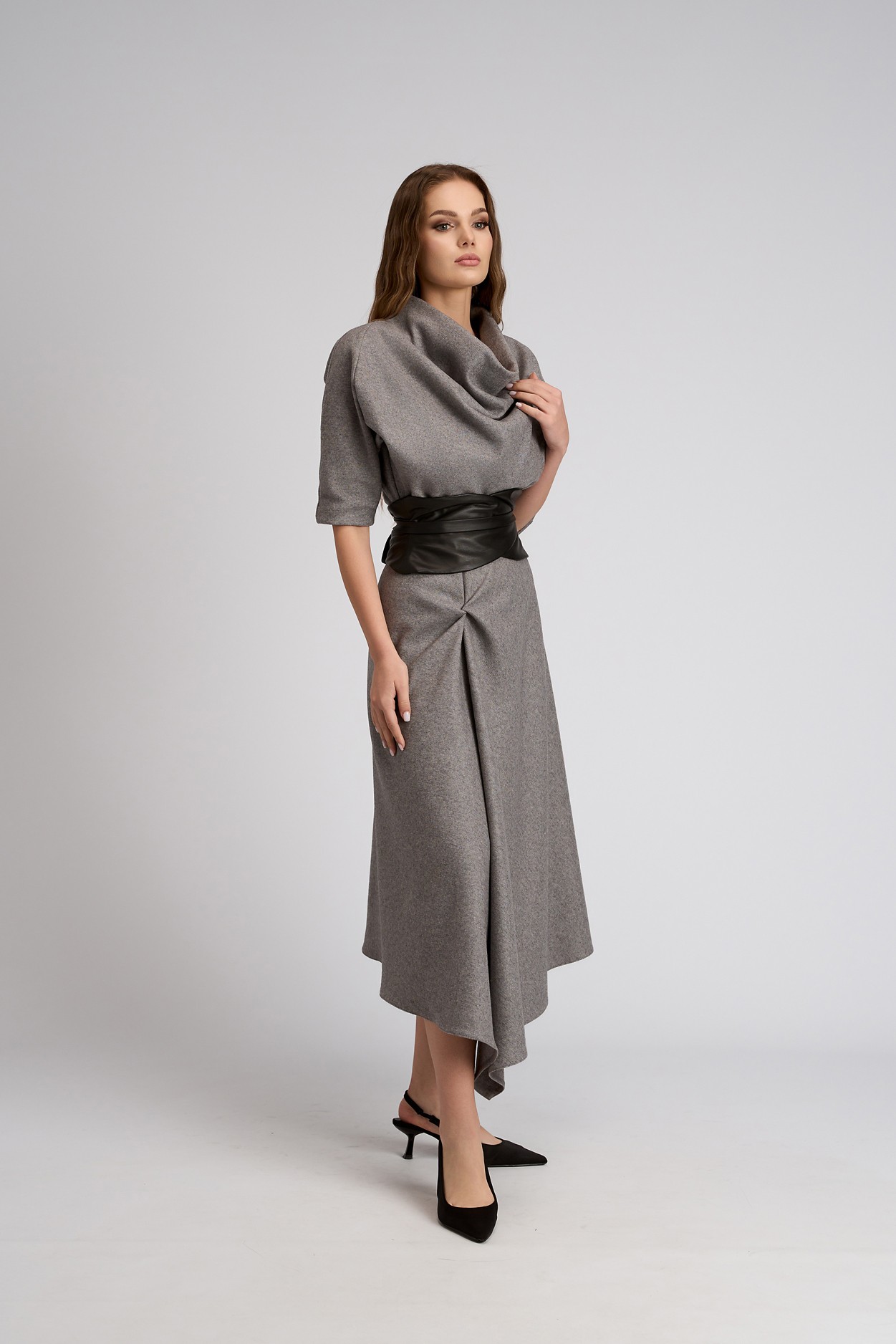 Rochie gri eleganta din lână cu brâu din piele ecologica Cyndia - imagine 3