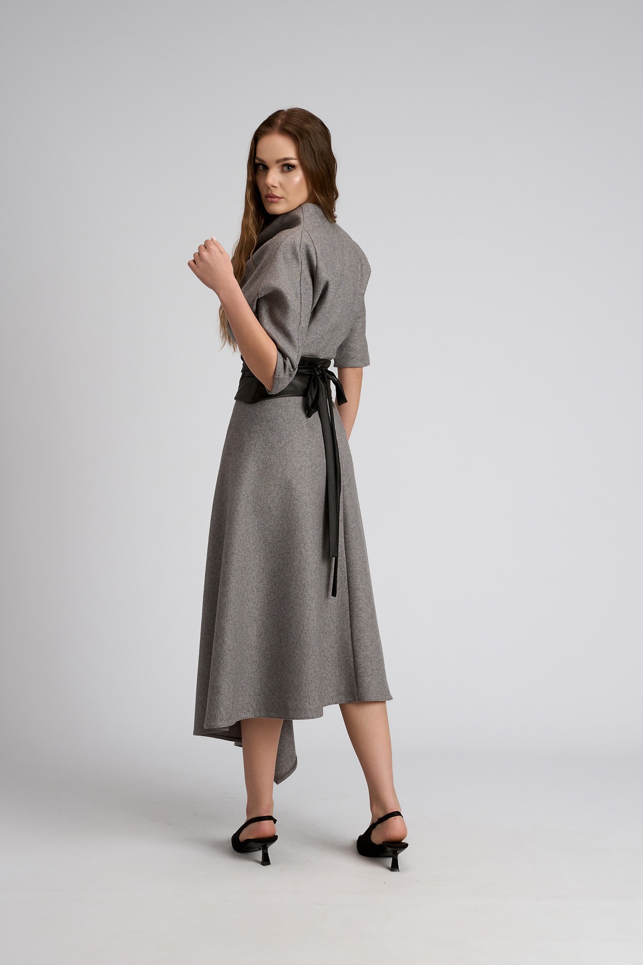 Rochie gri eleganta din lână cu brâu din piele ecologica Cyndia - imagine 4