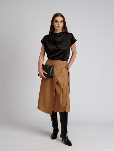 Fustă midi petrecută camel din lână falduri laterale și cordon Cora