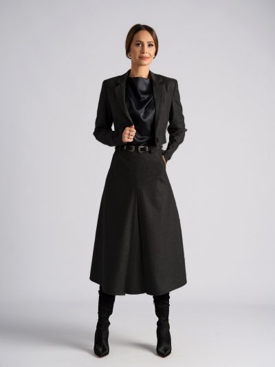 Set elegant Ana din lână-fustă midi evazată și sacou scurt