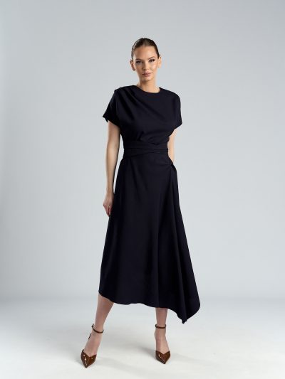 Rochie asimetrică,din stofă cu lână bleumarin și brâu Kala