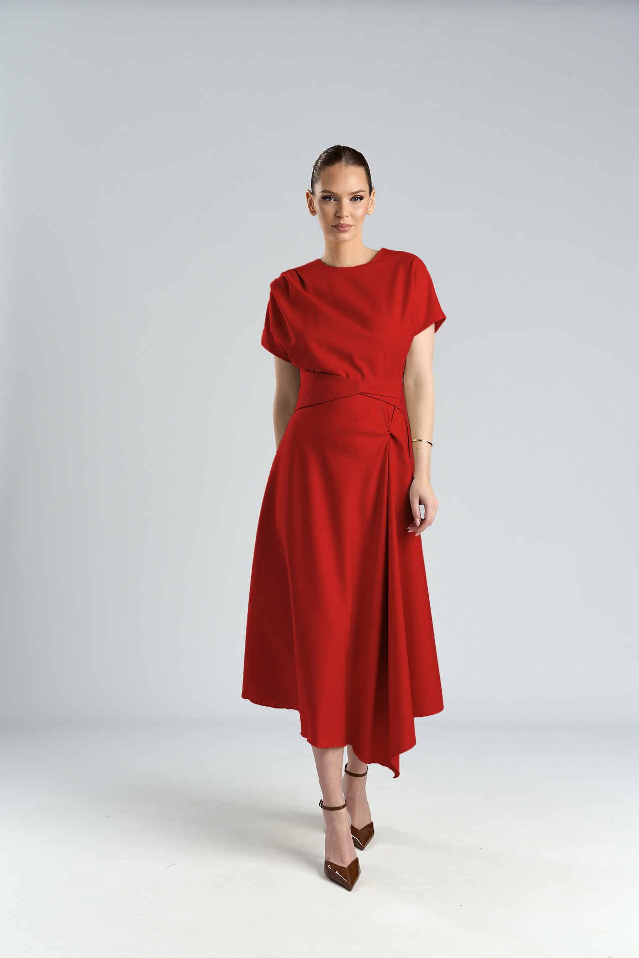 Rochie asimetrică,din stofă cu lână roșie și brâu din același material Kala - imagine 3