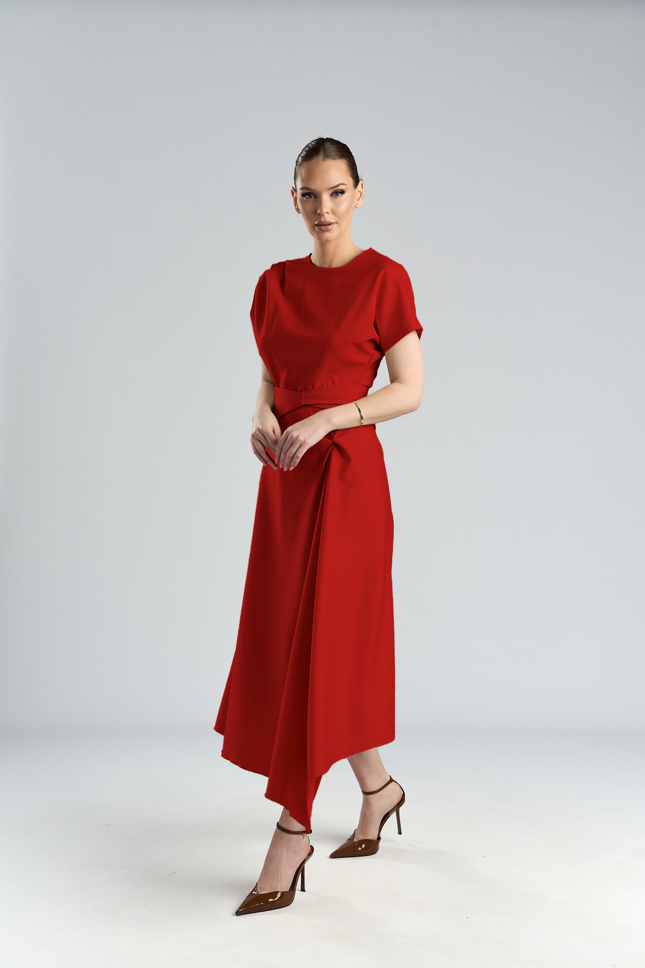 Rochie asimetrică,din stofă cu lână roșie și brâu din același material Kala - imagine 2